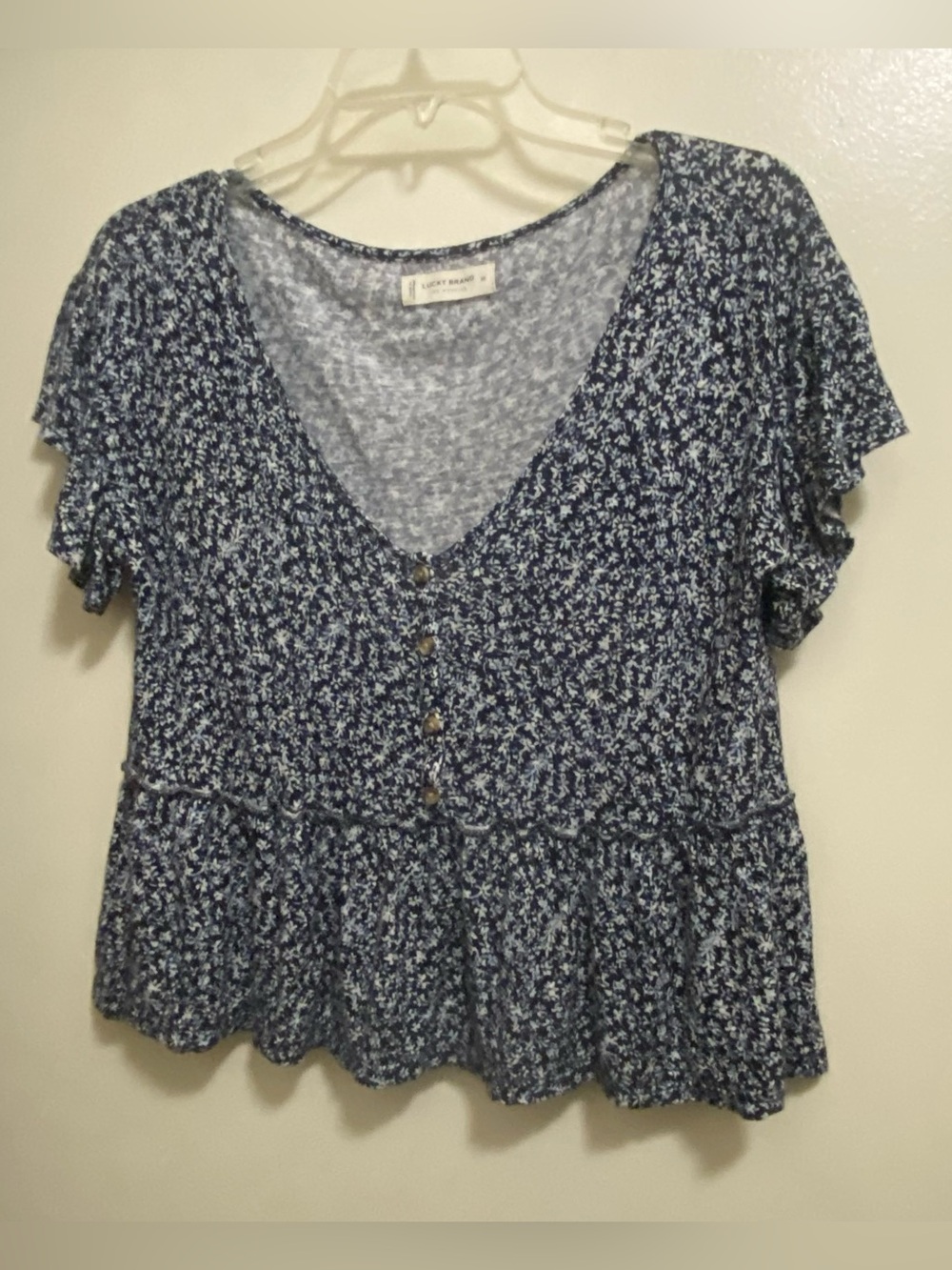 Lucky Brand Womens Oversized Crop Top XS 40” Peasant Boho Floral Navy White